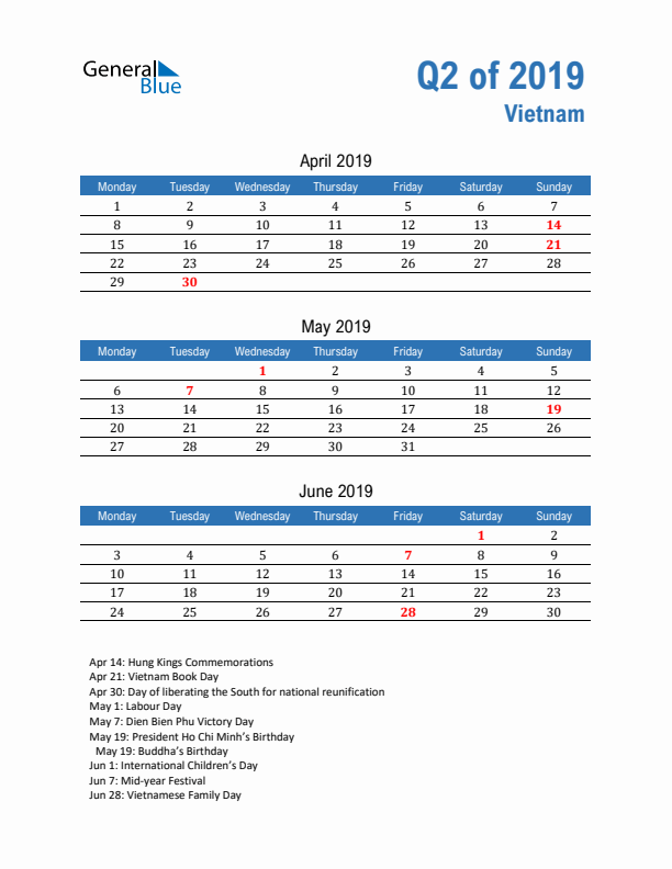 Vietnam Q2 2019 Quarterly Calendar with Monday Start