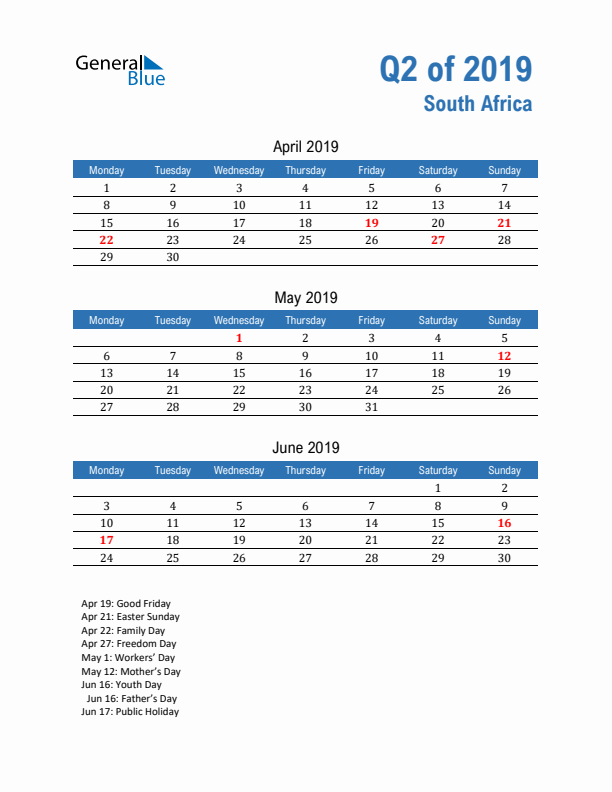 South Africa Q2 2019 Quarterly Calendar with Monday Start