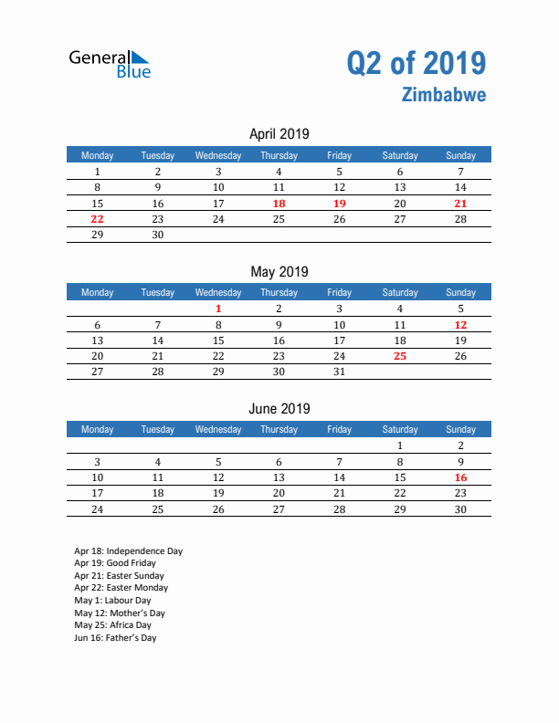 Zimbabwe Q2 2019 Quarterly Calendar with Monday Start