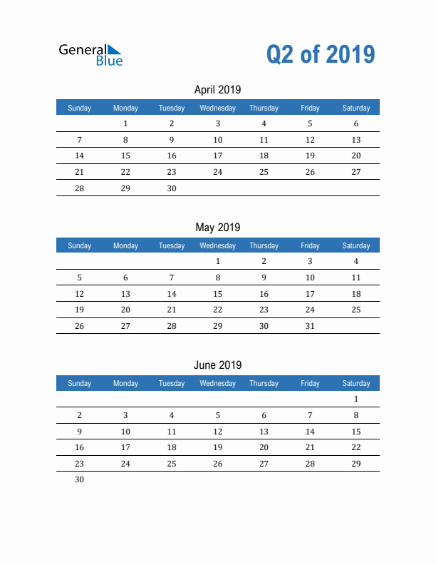 Fillable Quarterly Calendar for Q2 2019