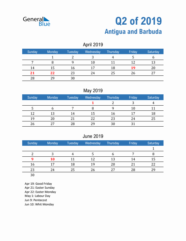 Antigua and Barbuda Q2 2019 Quarterly Calendar with Sunday Start