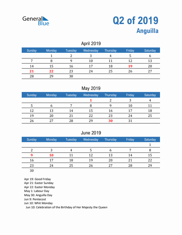 Anguilla Q2 2019 Quarterly Calendar with Sunday Start