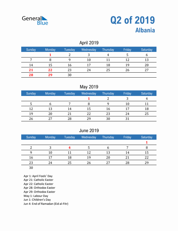 Albania Q2 2019 Quarterly Calendar with Sunday Start