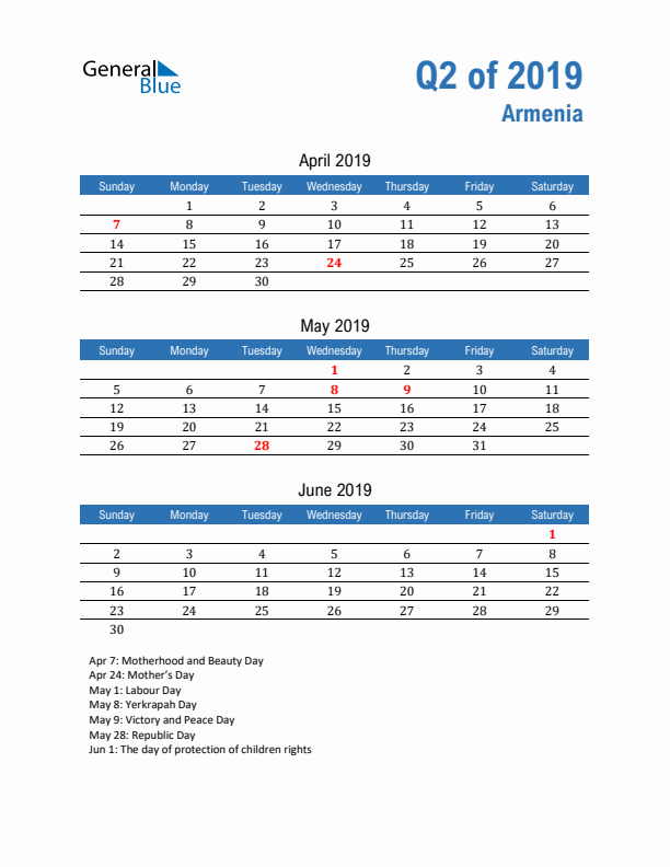 Armenia Q2 2019 Quarterly Calendar with Sunday Start