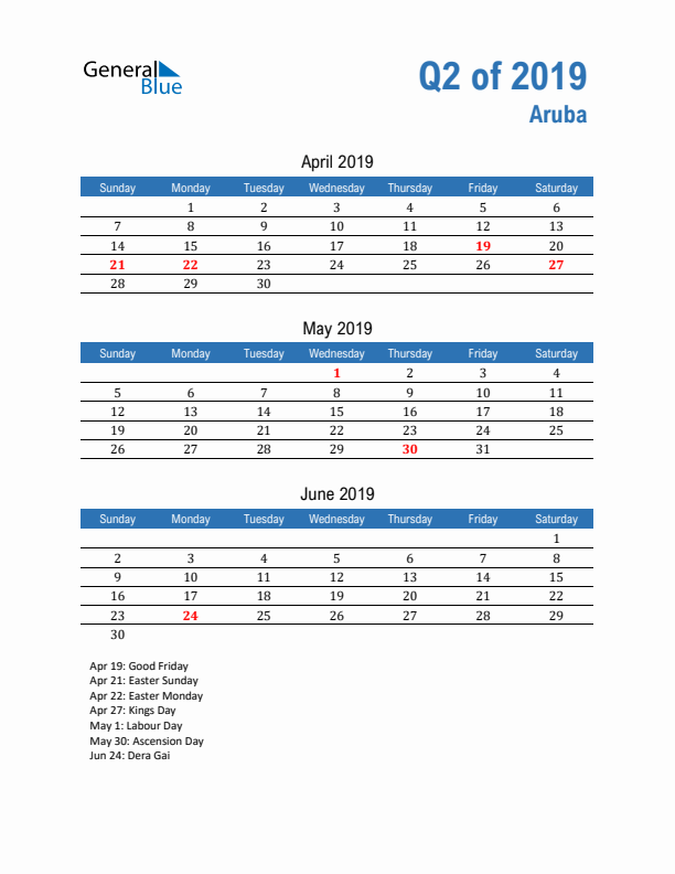 Aruba Q2 2019 Quarterly Calendar with Sunday Start