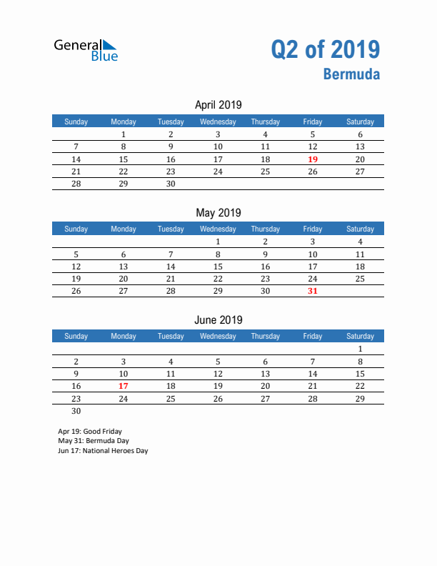 Bermuda Q2 2019 Quarterly Calendar with Sunday Start