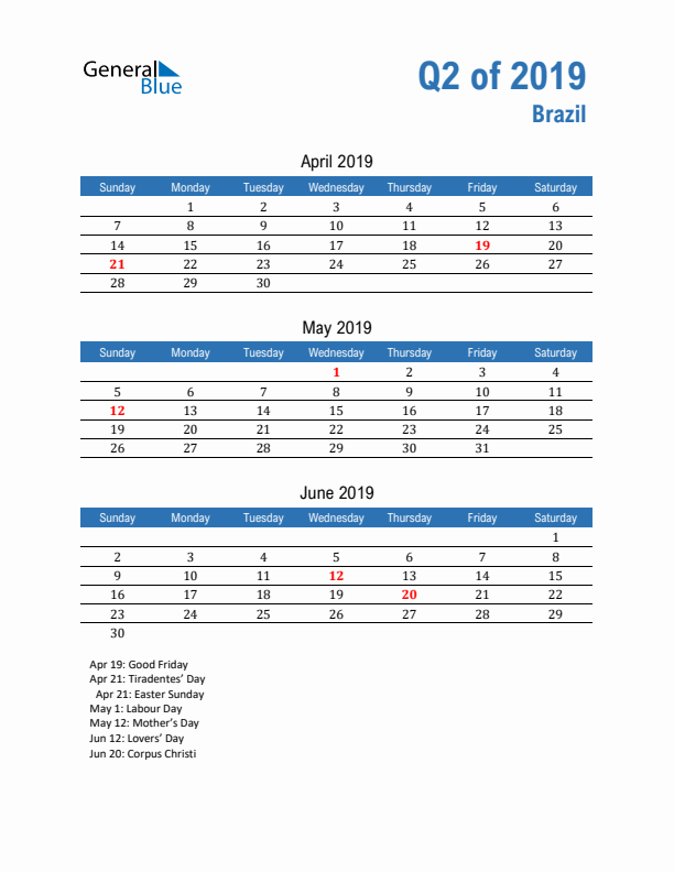 Brazil Q2 2019 Quarterly Calendar with Sunday Start