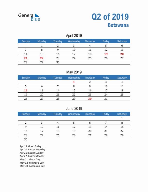 Botswana Q2 2019 Quarterly Calendar with Sunday Start