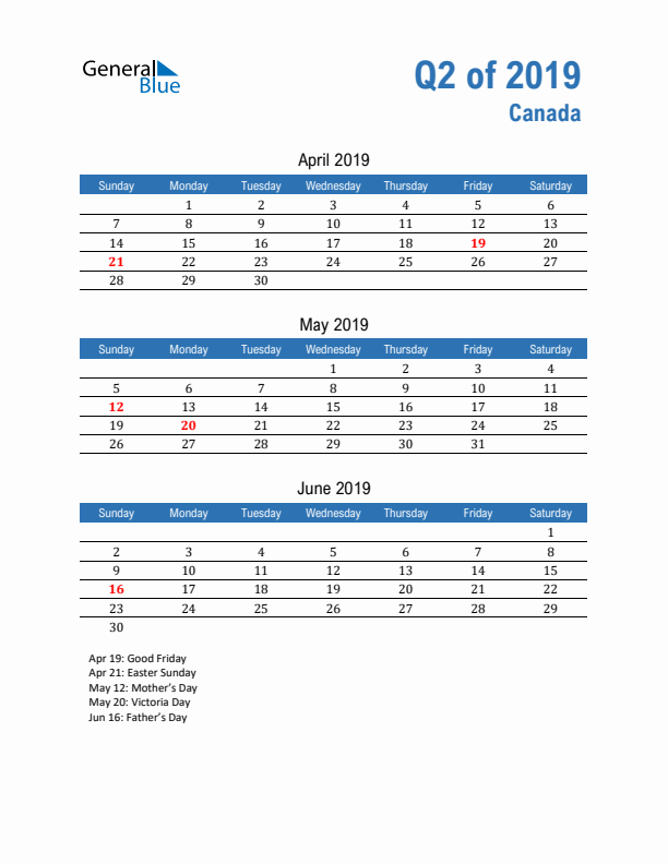 Canada Q2 2019 Quarterly Calendar with Sunday Start