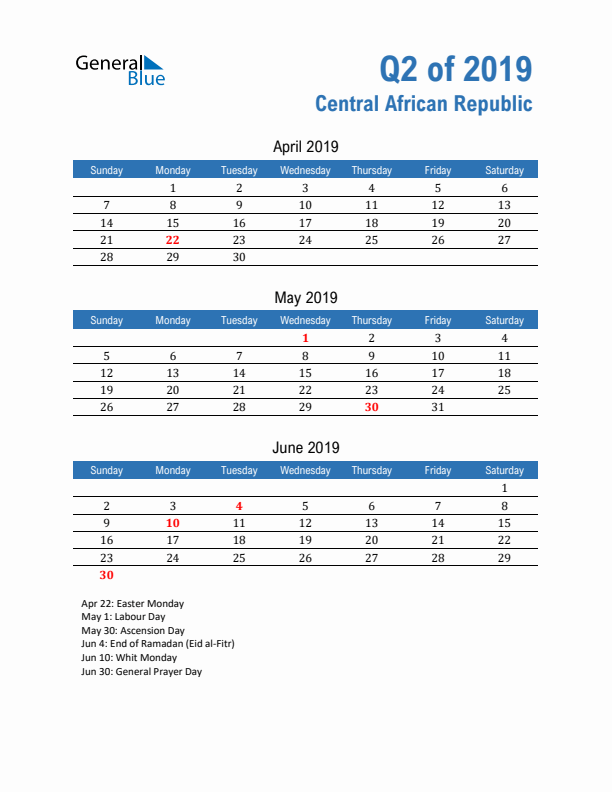 Central African Republic Q2 2019 Quarterly Calendar with Sunday Start