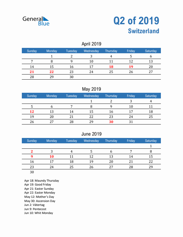 Switzerland Q2 2019 Quarterly Calendar with Sunday Start