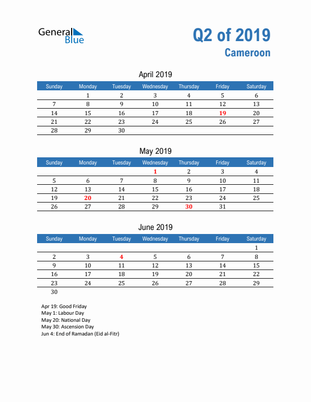 Cameroon Q2 2019 Quarterly Calendar with Sunday Start