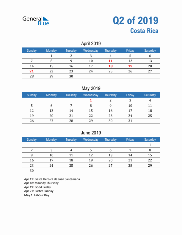 Costa Rica Q2 2019 Quarterly Calendar with Sunday Start