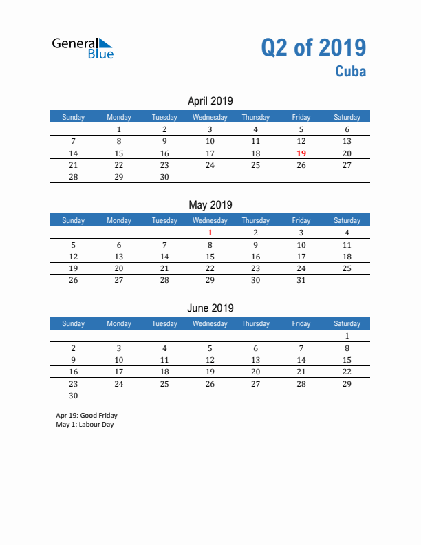 Cuba Q2 2019 Quarterly Calendar with Sunday Start