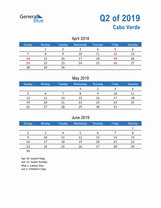 Cabo Verde Q2 2019 Quarterly Calendar with Sunday Start