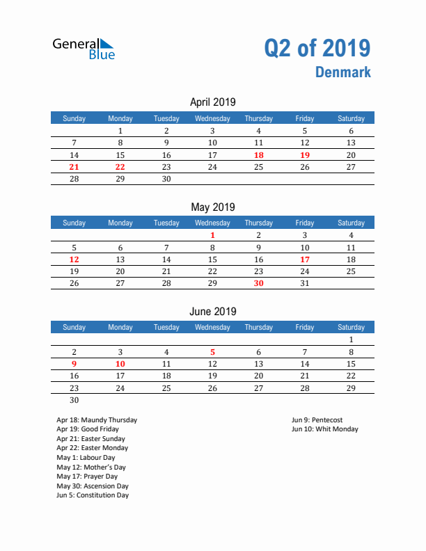 Denmark Q2 2019 Quarterly Calendar with Sunday Start