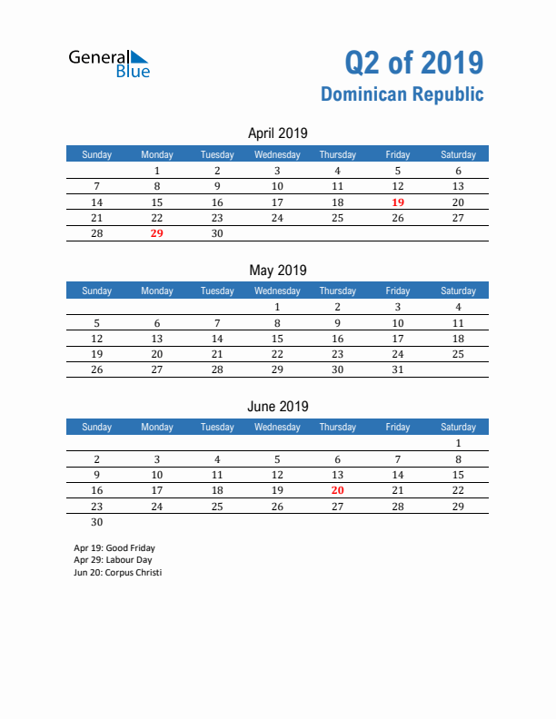 Dominican Republic Q2 2019 Quarterly Calendar with Sunday Start