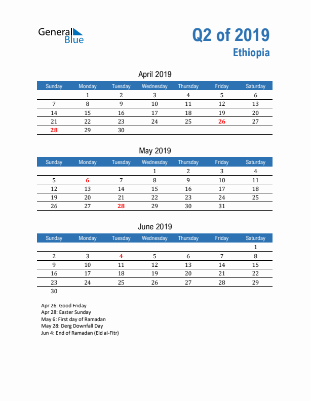 Ethiopia Q2 2019 Quarterly Calendar with Sunday Start