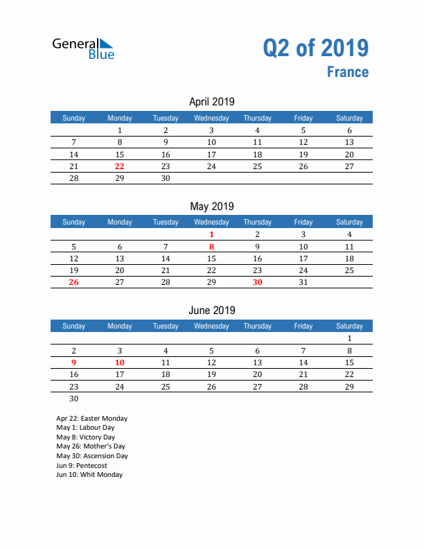 France Q2 2019 Quarterly Calendar with Sunday Start