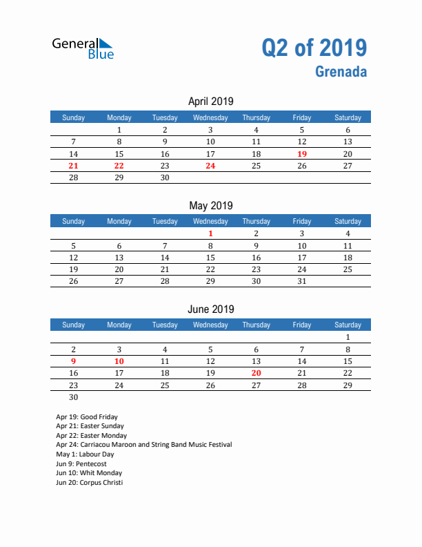 Grenada Q2 2019 Quarterly Calendar with Sunday Start