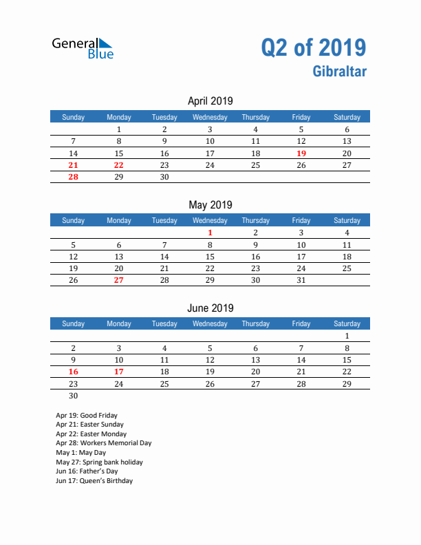 Gibraltar Q2 2019 Quarterly Calendar with Sunday Start