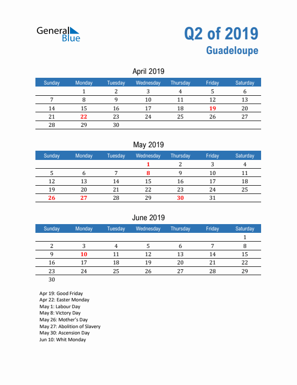 Guadeloupe Q2 2019 Quarterly Calendar with Sunday Start