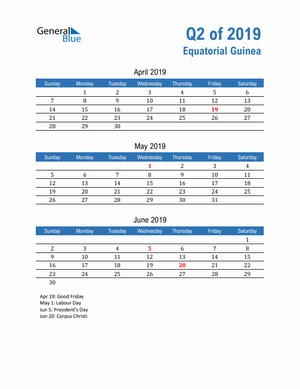 Equatorial Guinea Q2 2019 Quarterly Calendar with Sunday Start