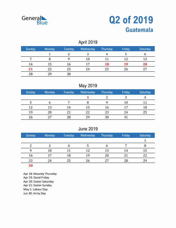 Guatemala Q2 2019 Quarterly Calendar with Sunday Start