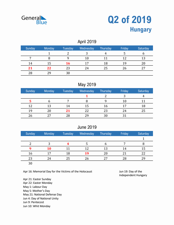 Hungary Q2 2019 Quarterly Calendar with Sunday Start