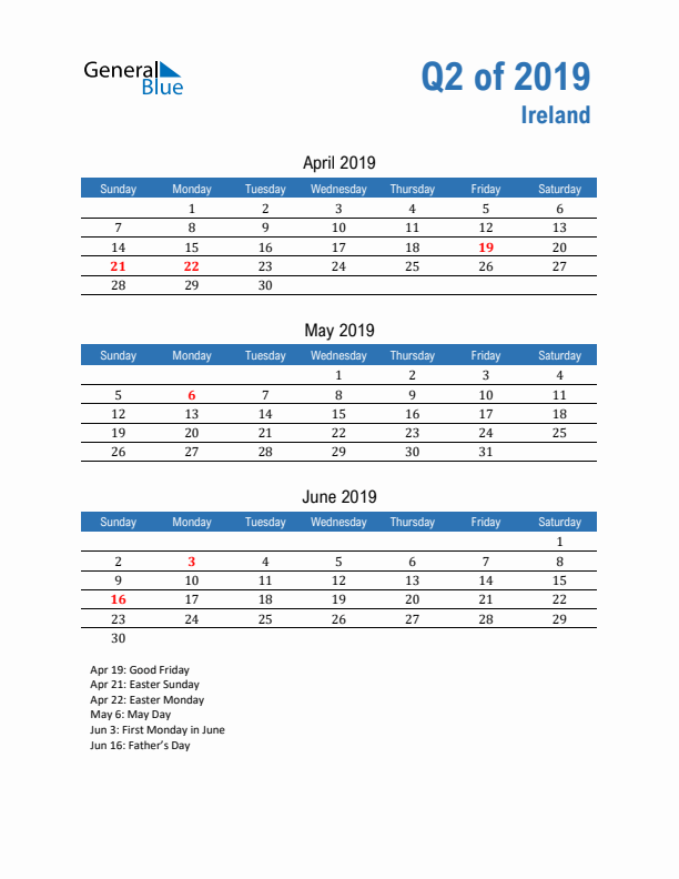 Ireland Q2 2019 Quarterly Calendar with Sunday Start