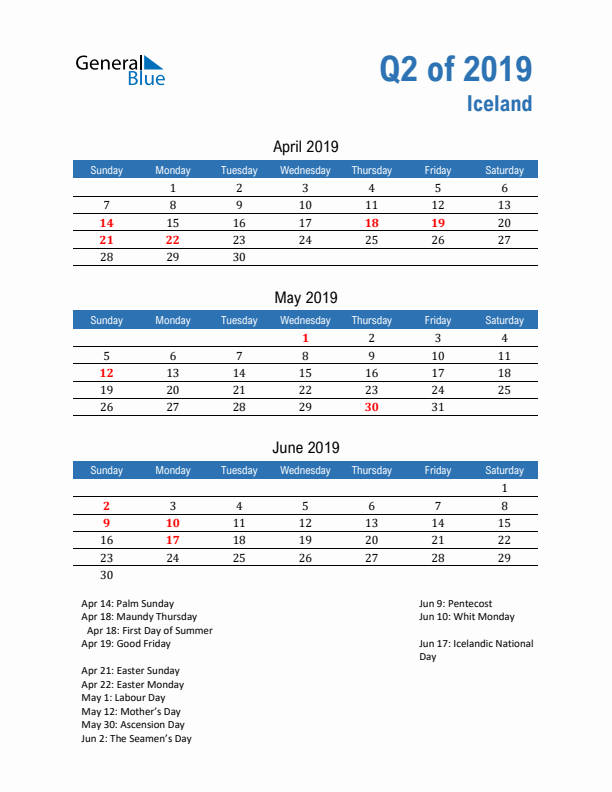 Iceland Q2 2019 Quarterly Calendar with Sunday Start