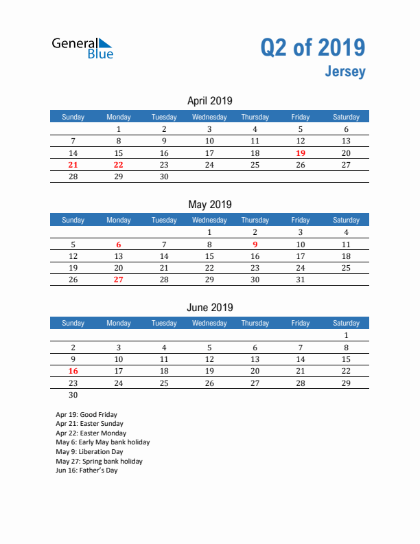 Jersey Q2 2019 Quarterly Calendar with Sunday Start