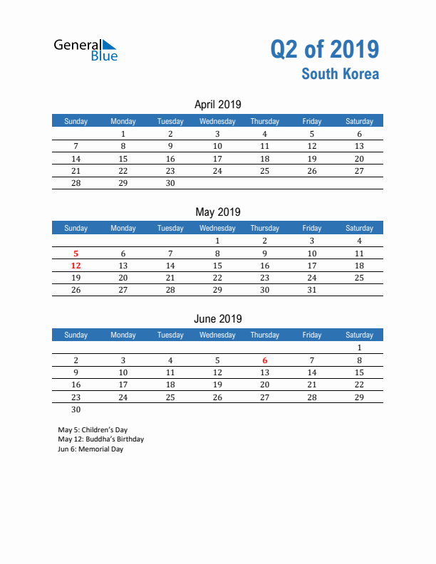 South Korea Q2 2019 Quarterly Calendar with Sunday Start