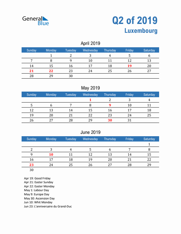 Luxembourg Q2 2019 Quarterly Calendar with Sunday Start