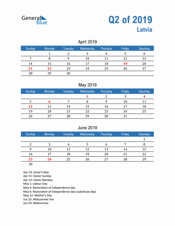 Latvia Q2 2019 Quarterly Calendar with Sunday Start