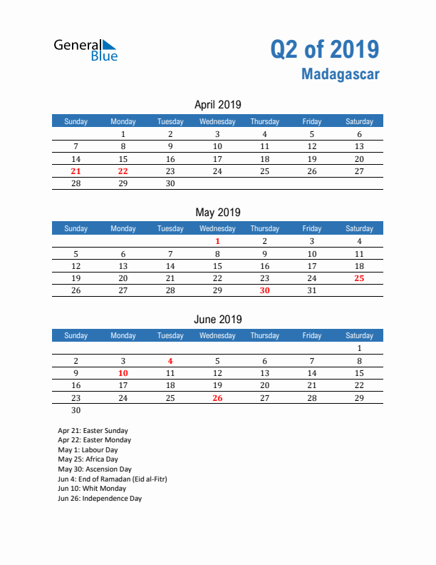 Madagascar Q2 2019 Quarterly Calendar with Sunday Start