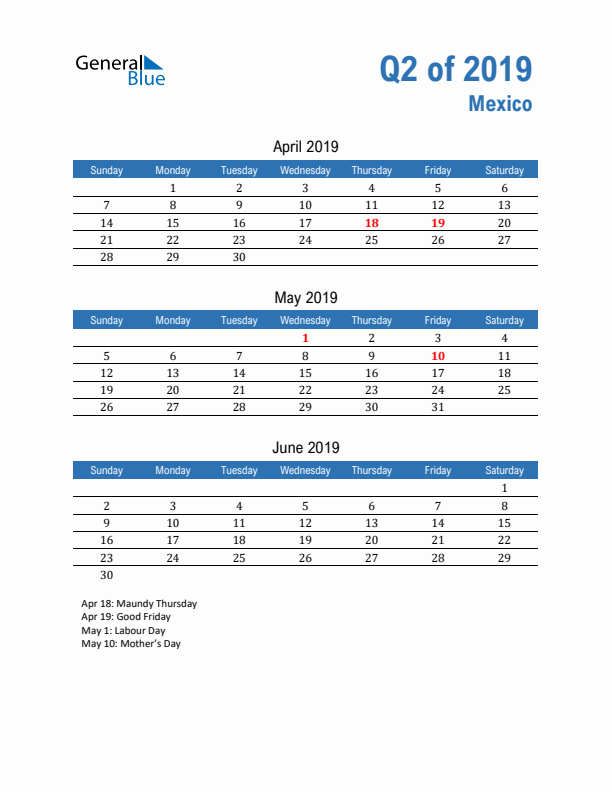 Mexico Q2 2019 Quarterly Calendar with Sunday Start