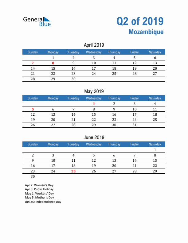 Mozambique Q2 2019 Quarterly Calendar with Sunday Start