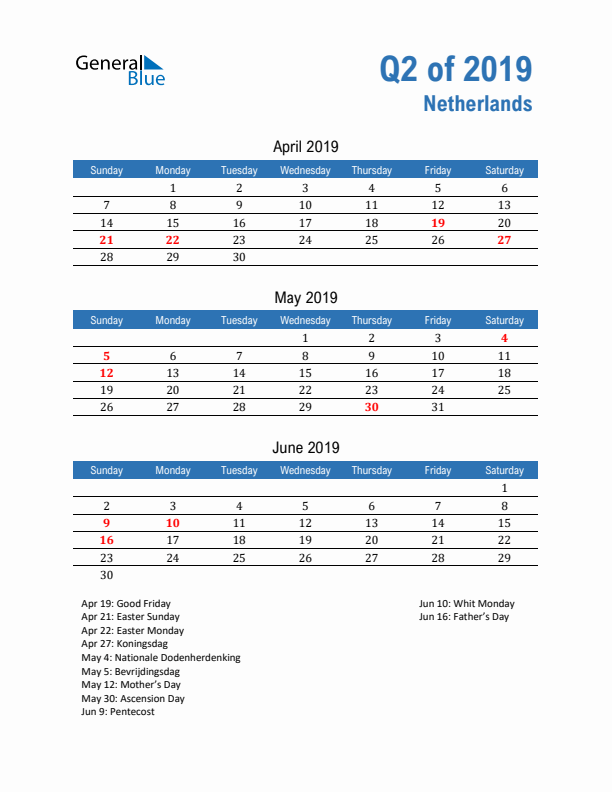 The Netherlands Q2 2019 Quarterly Calendar with Sunday Start