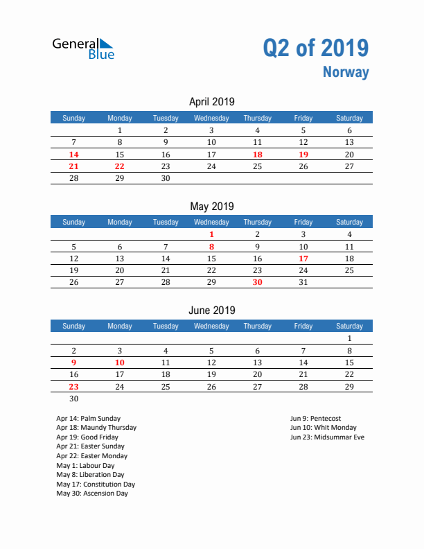 Norway Q2 2019 Quarterly Calendar with Sunday Start