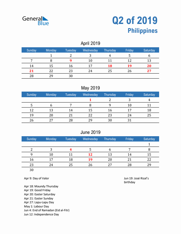 Philippines Q2 2019 Quarterly Calendar with Sunday Start