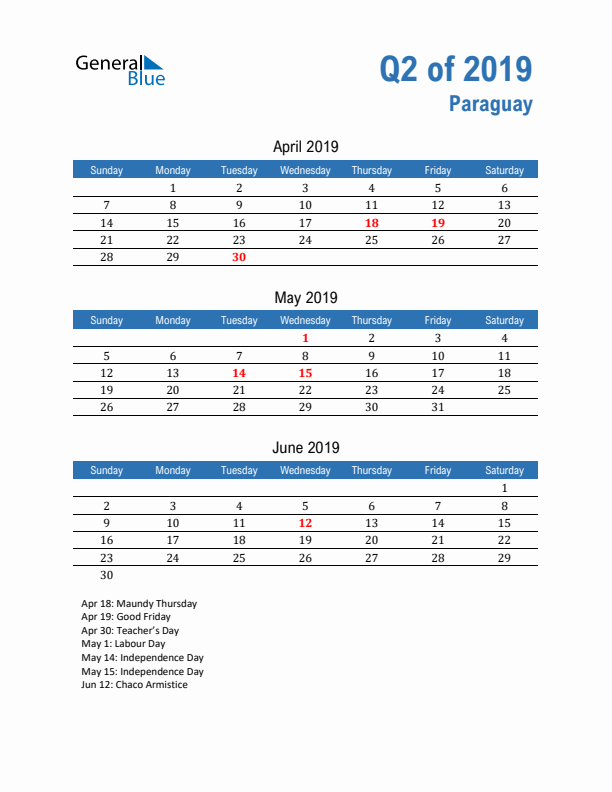 Paraguay Q2 2019 Quarterly Calendar with Sunday Start