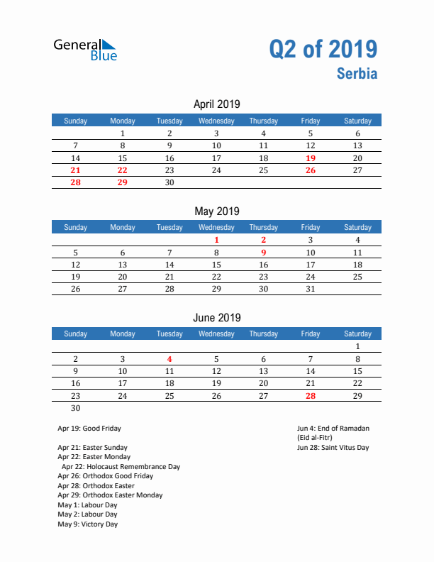 Serbia Q2 2019 Quarterly Calendar with Sunday Start