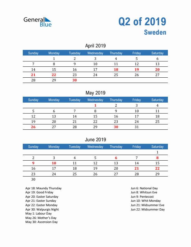 Sweden Q2 2019 Quarterly Calendar with Sunday Start