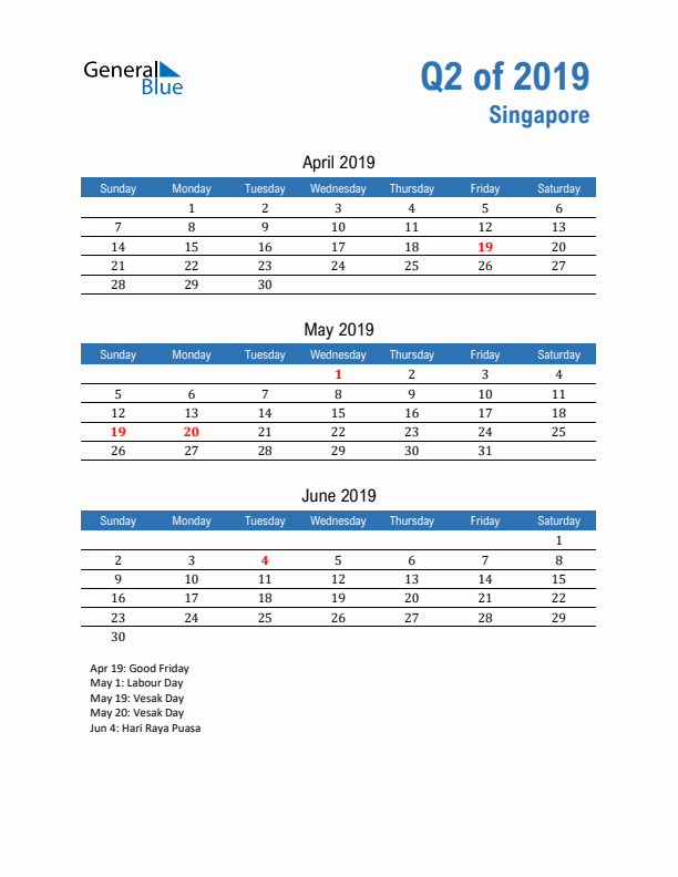 Singapore Q2 2019 Quarterly Calendar with Sunday Start