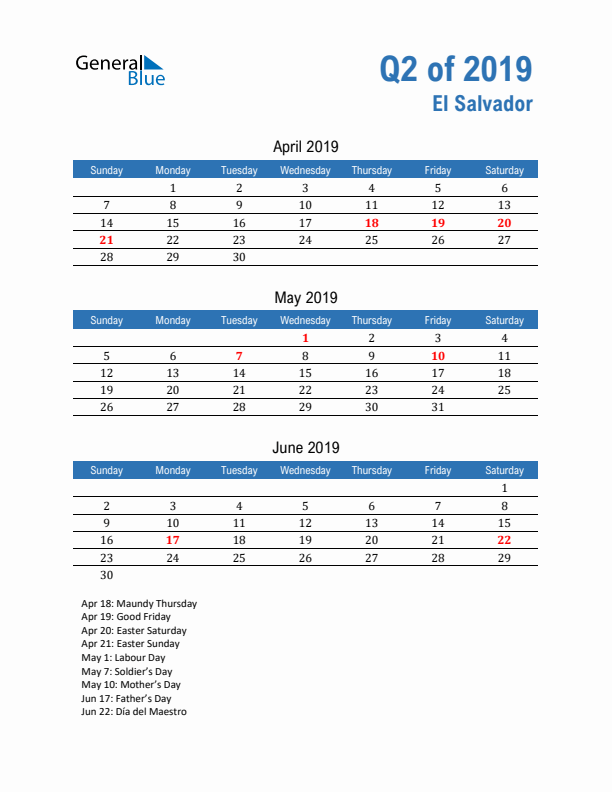 El Salvador Q2 2019 Quarterly Calendar with Sunday Start