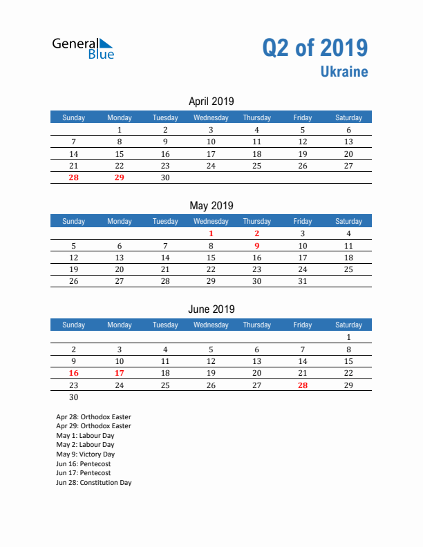 Ukraine Q2 2019 Quarterly Calendar with Sunday Start