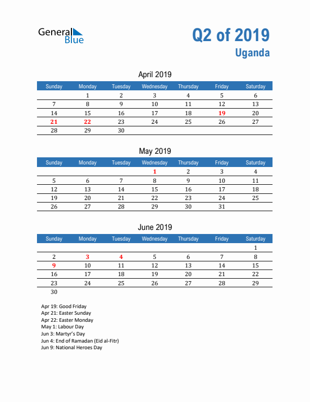 Uganda Q2 2019 Quarterly Calendar with Sunday Start