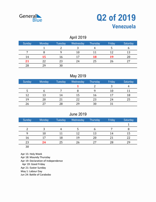 Venezuela Q2 2019 Quarterly Calendar with Sunday Start