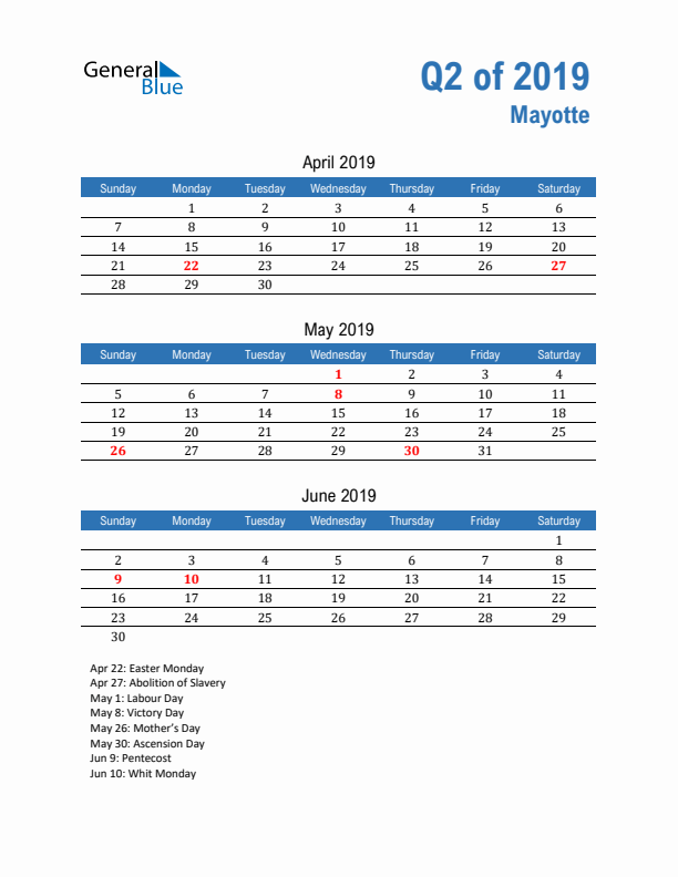 Mayotte Q2 2019 Quarterly Calendar with Sunday Start